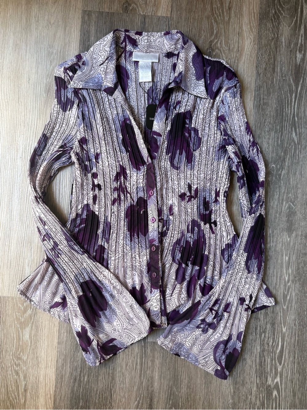 Vintage Y2K Fairy Purple Floral Paisley Button-Down Top Pleated Texture Medium